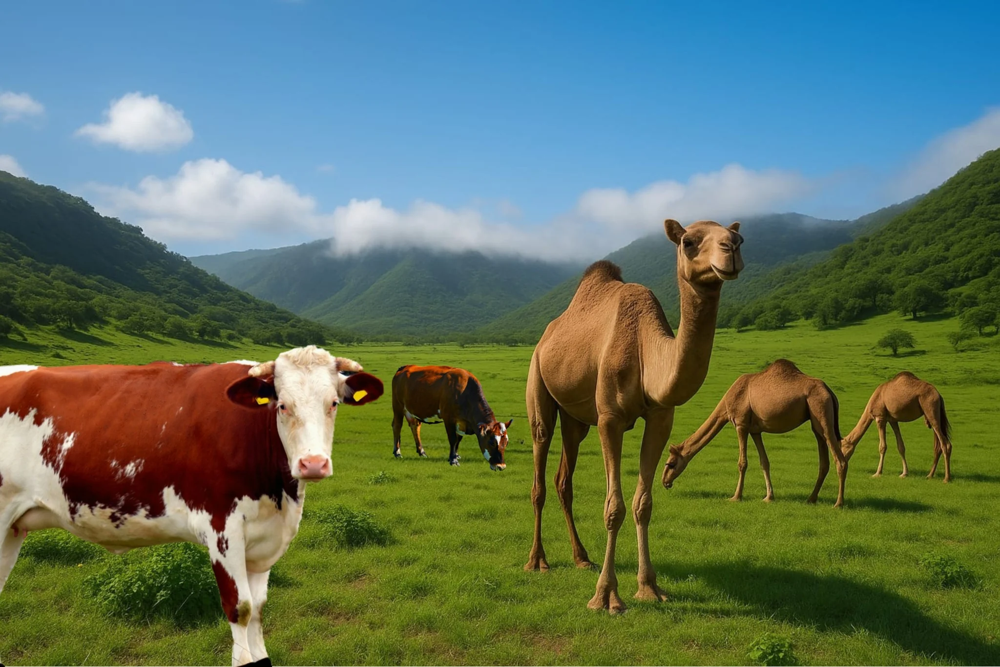 أبقار وإبل وسط المراعي الخضراء في ظفار